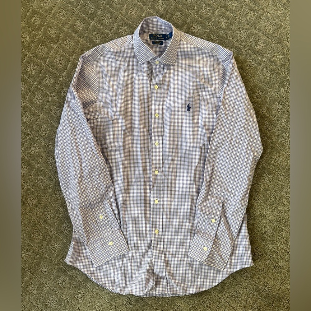 Men's Polo Ralph Lauren Logo Shirt Button Down Check 100% Cotton Stretch Size M